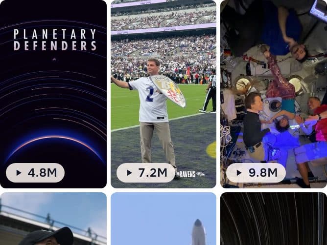 The reels viewer's grid of recent @nasa reels with their play counts
