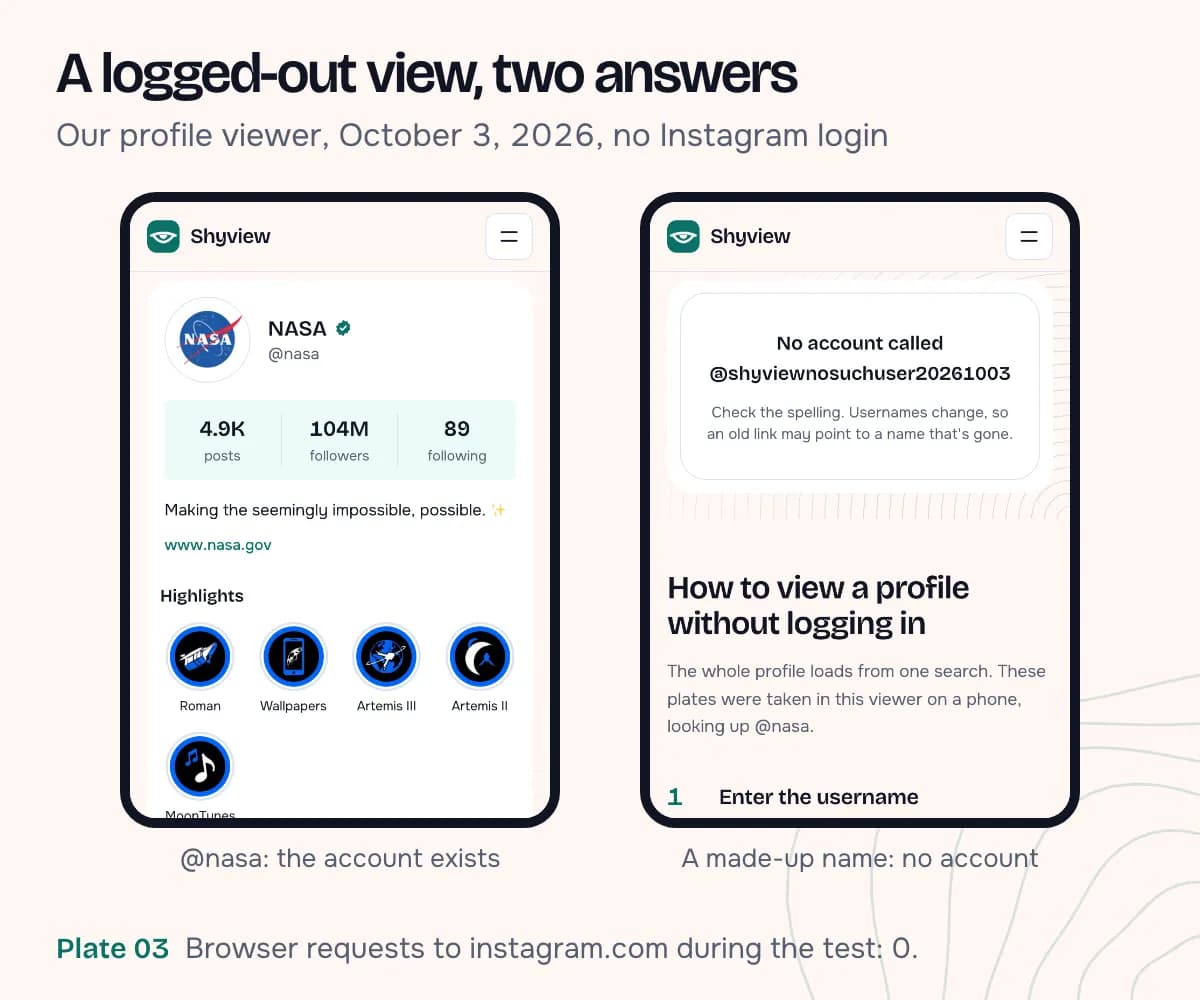 Two phone screenshots of the profile viewer: @nasa with its profile card and highlights, and a made-up username with the message "No account called"