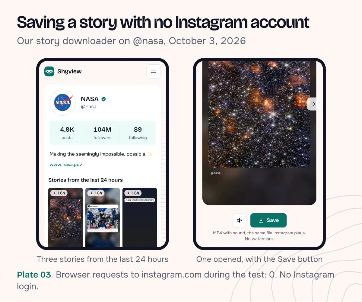 Two phone screenshots of the story downloader on @nasa: the list of three stories from the last 24 hours, and one story opened with a Save button