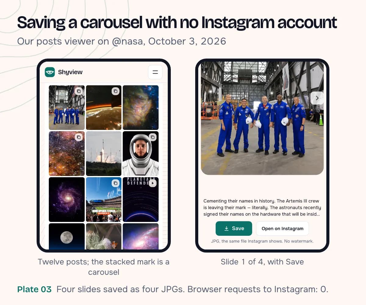 Two phone screenshots of the posts viewer on @nasa: a grid of twelve posts with carousel marks, and one carousel opened on its first slide with a Save button