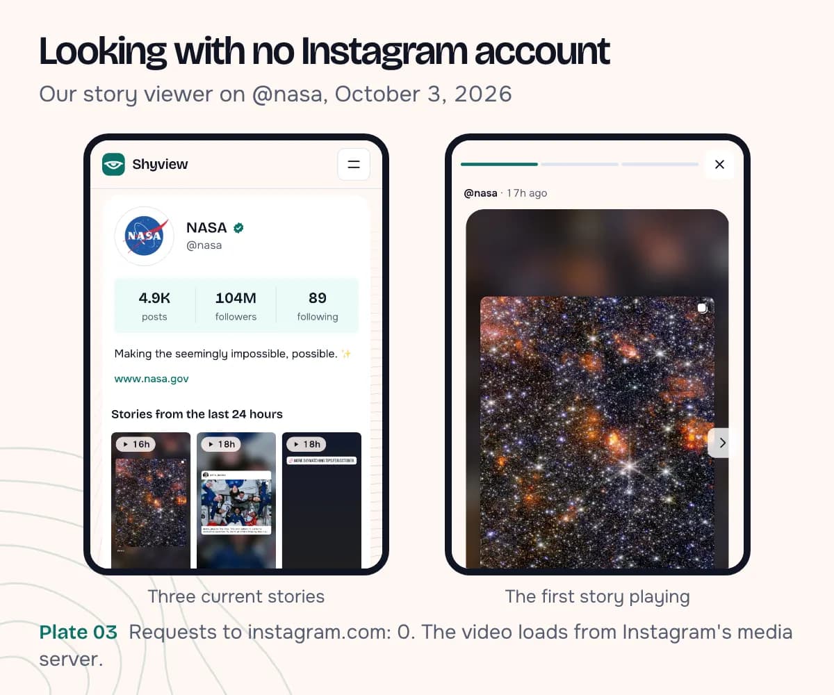 Two phone screenshots of the story viewer on @nasa: the list of three current stories, and the first story playing