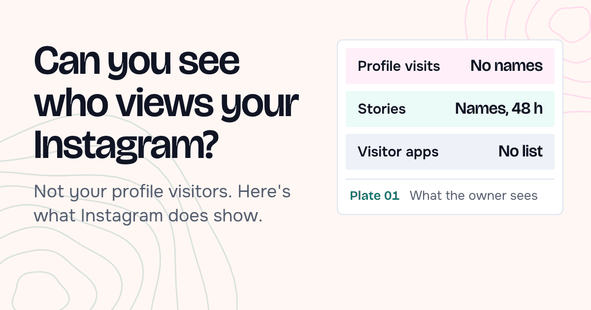 Headline "Can you see who views your Instagram?" with three rows: profile visits show no names, story viewers show names for 48 hours, visitor apps have no list